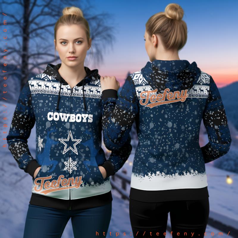 Dallas Cowboys Snowflake Reindeer Holiday 3D Print Zip Hoodie