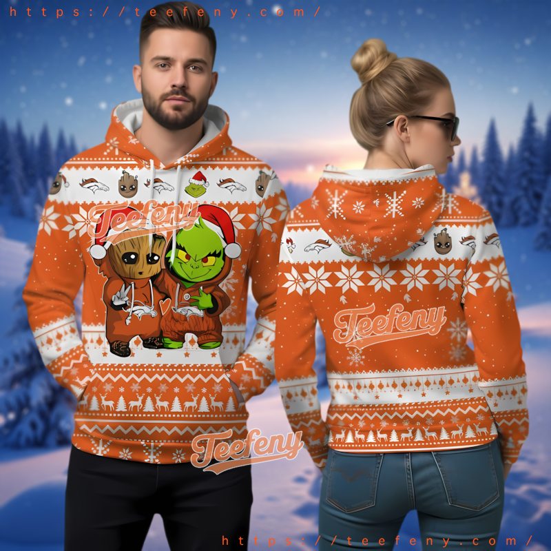 Denver Broncos Baby Groot Grinch Ugly Christmas 3D Hoodie
