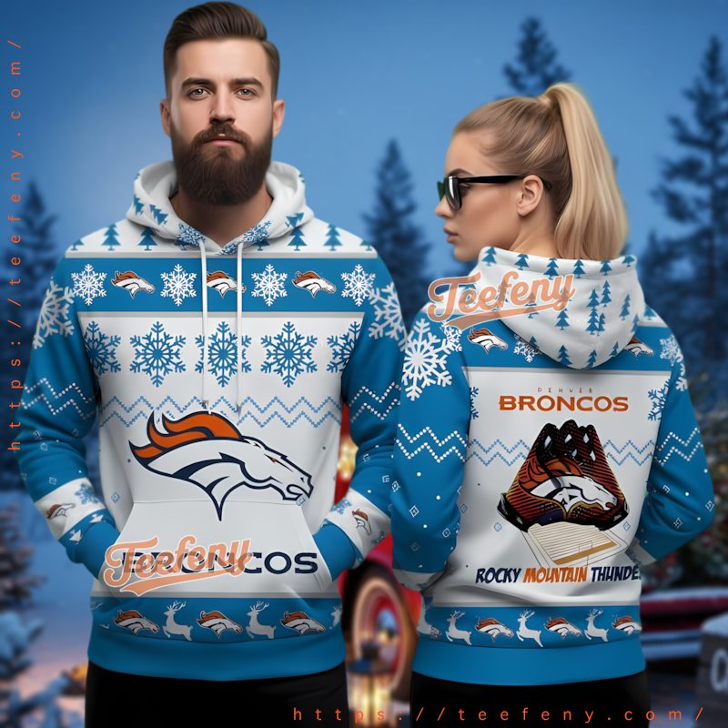 Denver Broncos Blue White Ugly Christmas 3D Hoodie Rocky Mountain