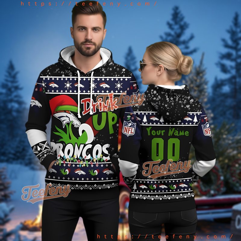 Denver Broncos Custom Grinch Drink Up 3D Ugly Christmas Hoodie