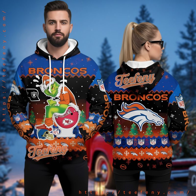 Denver Broncos Funny Grinch On Toilet 3D Ugly Christmas Hoodie