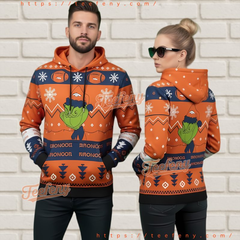 Denver Broncos Grinchmas Ugly Christmas Hoodie 3D Orange Blue