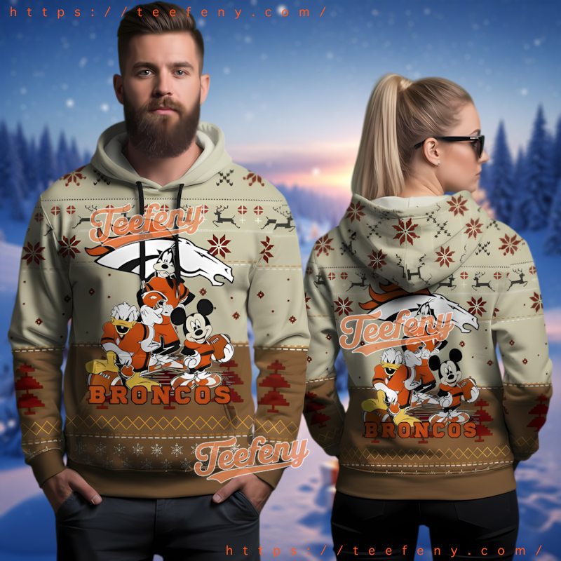 Denver Broncos Mickey Donald Goofy 3D Ugly Christmas Hoodie