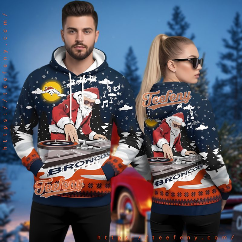 Denver Broncos Santa Claus Dj Ugly Christmas Hoodie 3D Blue