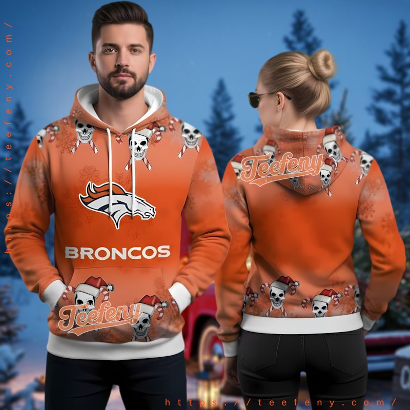 Denver Broncos Skull Wear Santa Hat 3D Ugly Christmas Hoodie