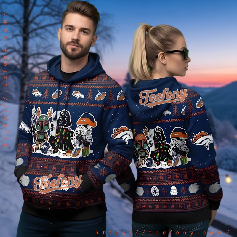 Denver Broncos Star Wars Ugly Christmas 3D Hoodie Boba Fett Darth Vader