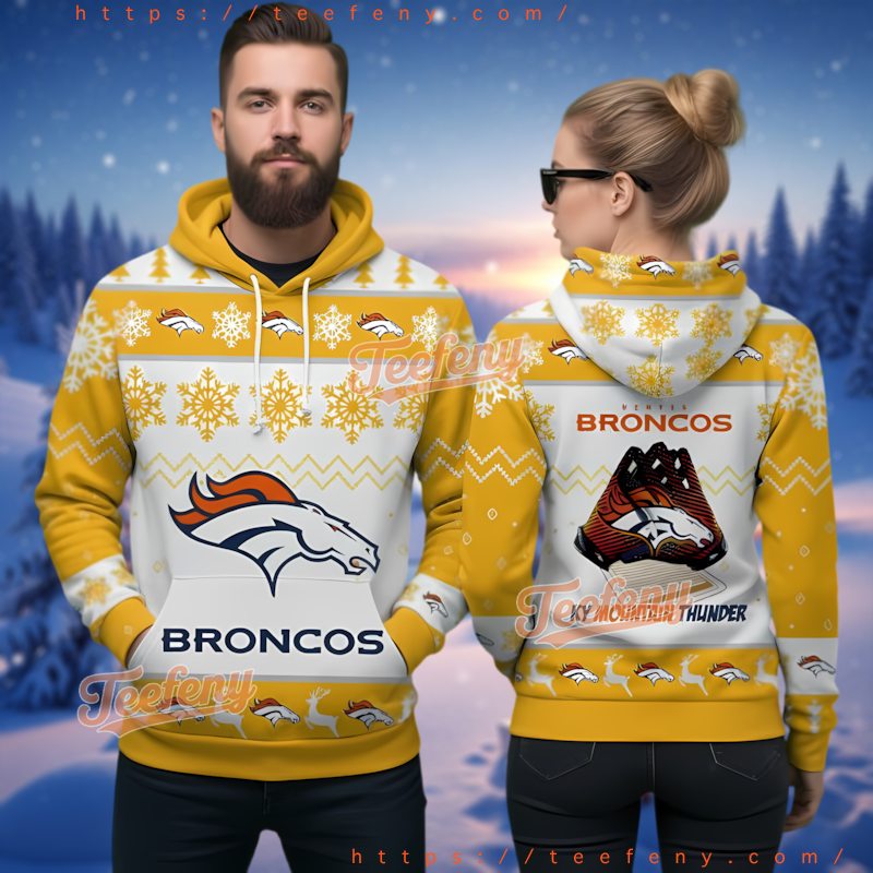 Denver Broncos Yellow 3D Ugly Christmas Hoodie Rocky Mountain Thunder