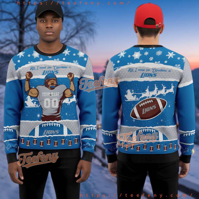 Detroit Lions All I Need For Christmas Is Lions Ugly Sweater Custom Name Number