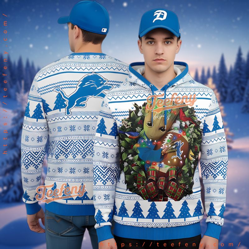 Detroit Lions Baby Groot Christmas Lights Ugly Sweater Hoodie