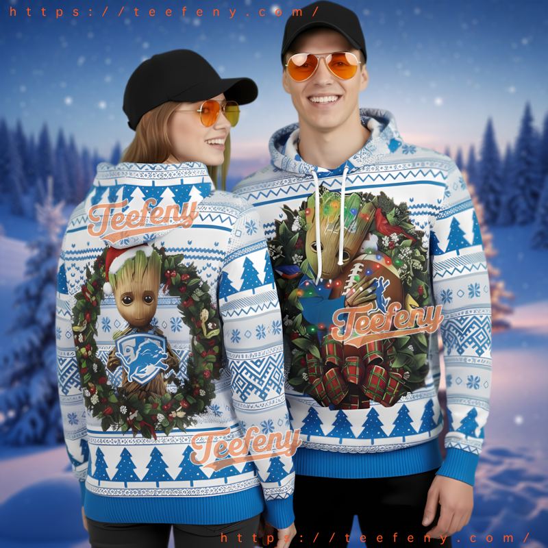Detroit Lions Baby Groot Ugly Christmas 3D Hoodie Full Zip