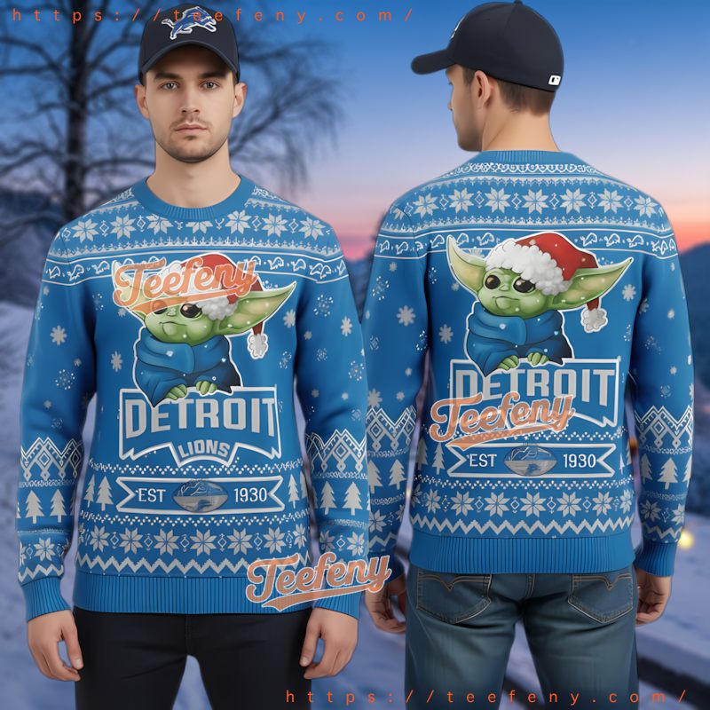 Detroit Lions Baby Yoda Grogu Santa Hat Ugly Christmas Sweater