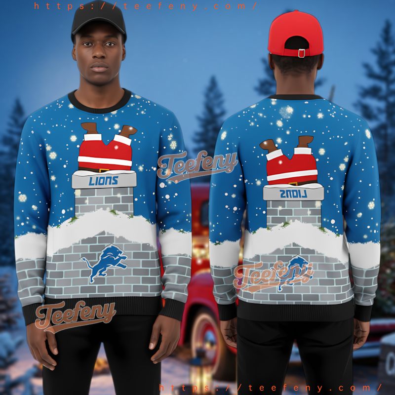 Detroit Lions Blue Christmas Sweater 3D Santa Chimney Holiday Design