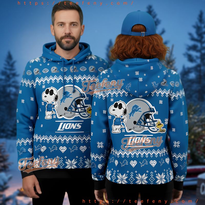 Detroit Lions Blue Snoopy Woodstock Ugly Christmas 3D Hoodie