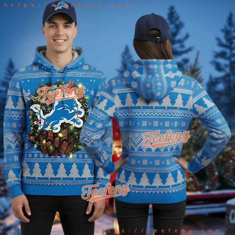 Detroit Lions Blue Ugly Christmas Wreath Logo Ugly 3D Hoodie