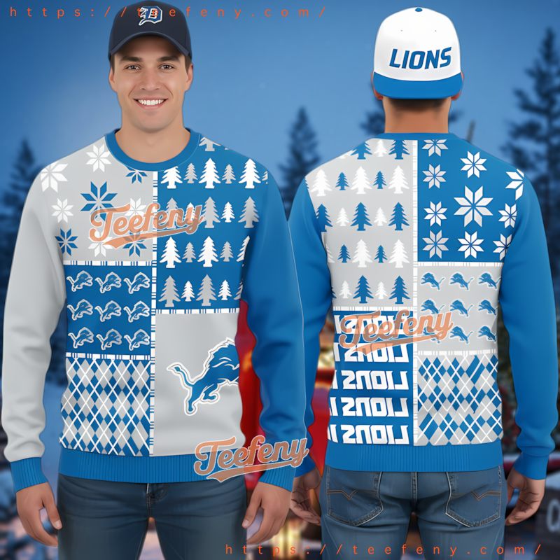 Detroit Lions Christmas Sweater Mens Blue Gray Quilted Holiday Pullover