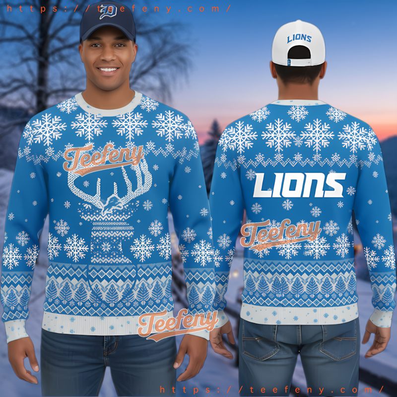 Detroit Lions Christmas Sweater Mens Blue Winter Snowflakes Holiday