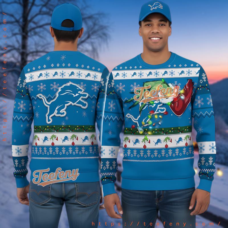 Detroit Lions Christmas Sweater Mens Grinch Hand Blue Holiday