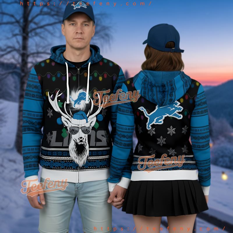 Detroit Lions Cool Reindeer Ugly Christmas 3D Hoodie