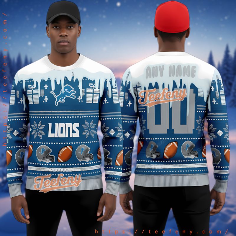 Detroit Lions Custom Name Number Blue Ugly Christmas Sweater