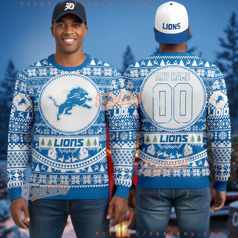 Detroit Lions Custom Name Number White Blue Ugly Xmas Sweater