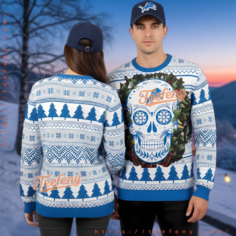 Detroit Lions Day Of The Dead Skull Ugly Christmas Sweater