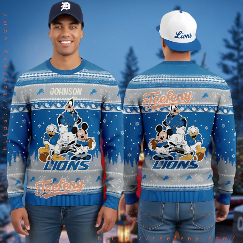 Detroit Lions Disney Football Team Ugly Christmas Sweater Custom Name
