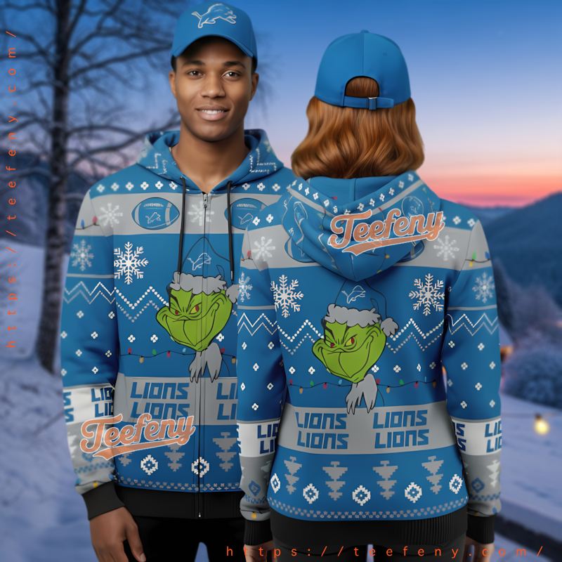 Detroit Lions Funny Grinch Face Ugly Christmas 3D Hoodie