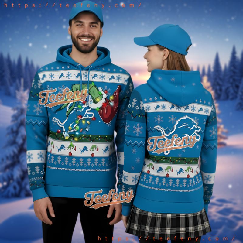 Detroit Lions Funny Grinch Lights Ugly Christmas 3D Pullover Hoodie