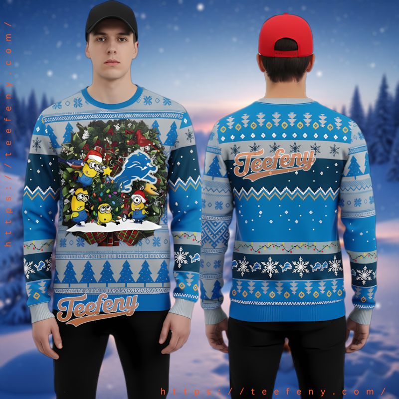 Detroit Lions Funny Minions Christmas Tree Ugly Sweater