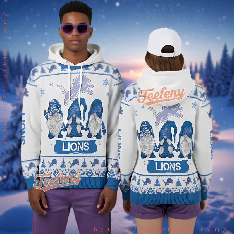 Detroit Lions Gnomes Pattern Ugly Christmas 3D Pullover Hoodie