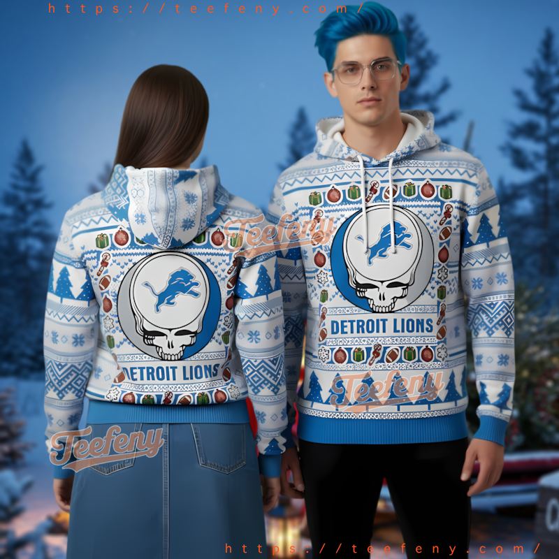 Detroit Lions Grateful Dead Ugly Christmas 3D Hoodie Stealie