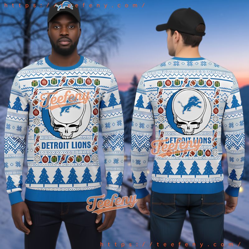 Detroit Lions Grateful Dead Ugly Christmas Sweater Collaboration Blue White