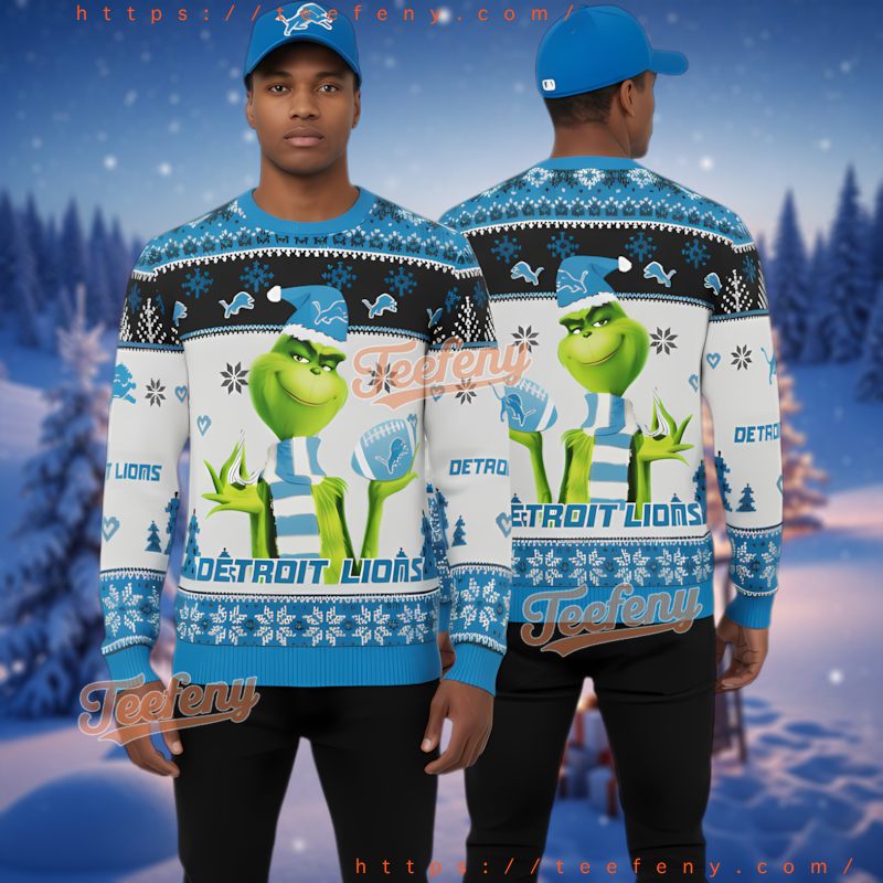 Detroit Lions Grinch Fan Ugly Christmas Sweater Official White Blue Gear