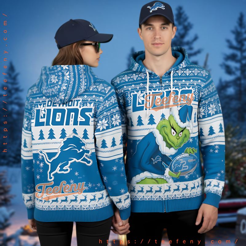 Detroit Lions Grinch Stole Christmas Ugly 3D Zip Hoodie