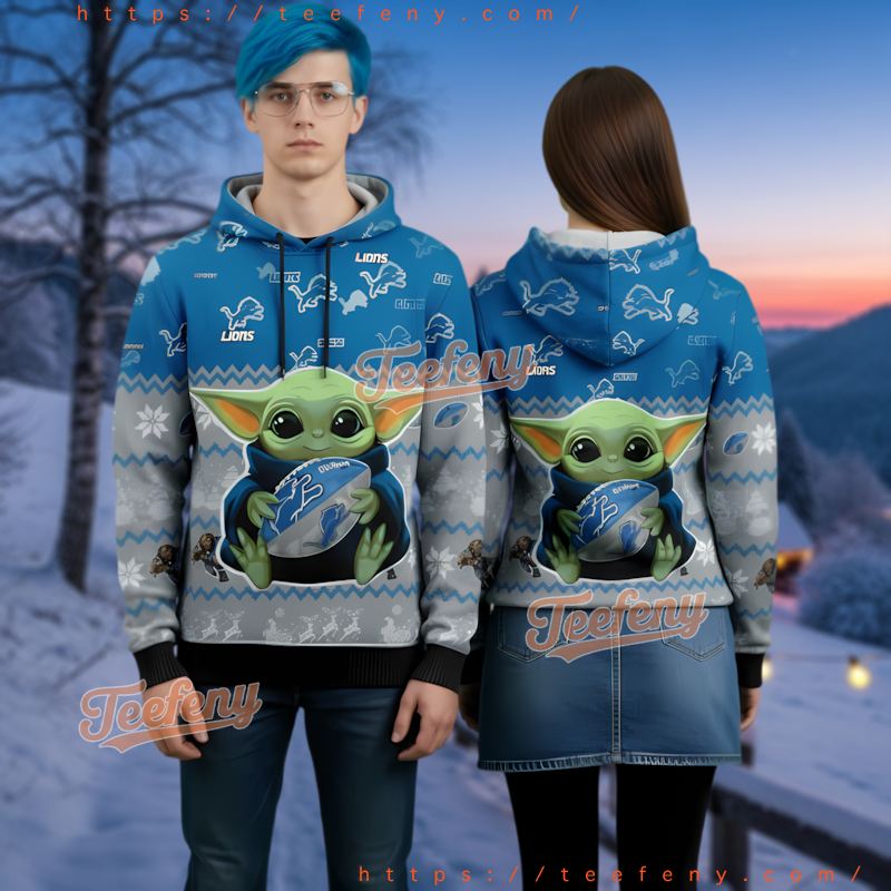 Detroit Lions Grogu Baby Yoda Ugly Christmas 3D Hoodie