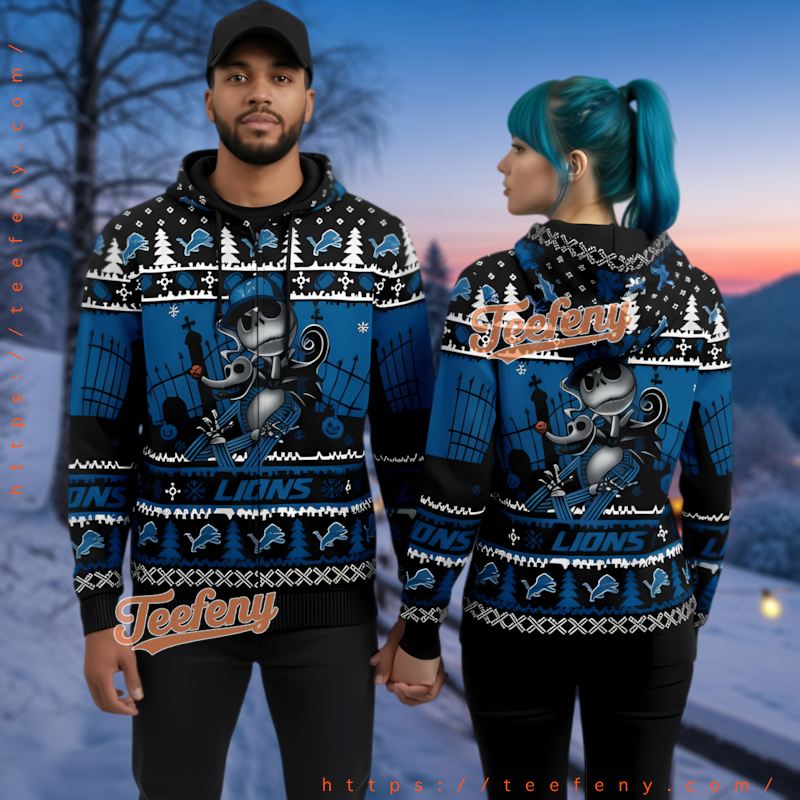 Detroit Lions Jack Skellington Zero Ugly Christmas 3D Hoodie