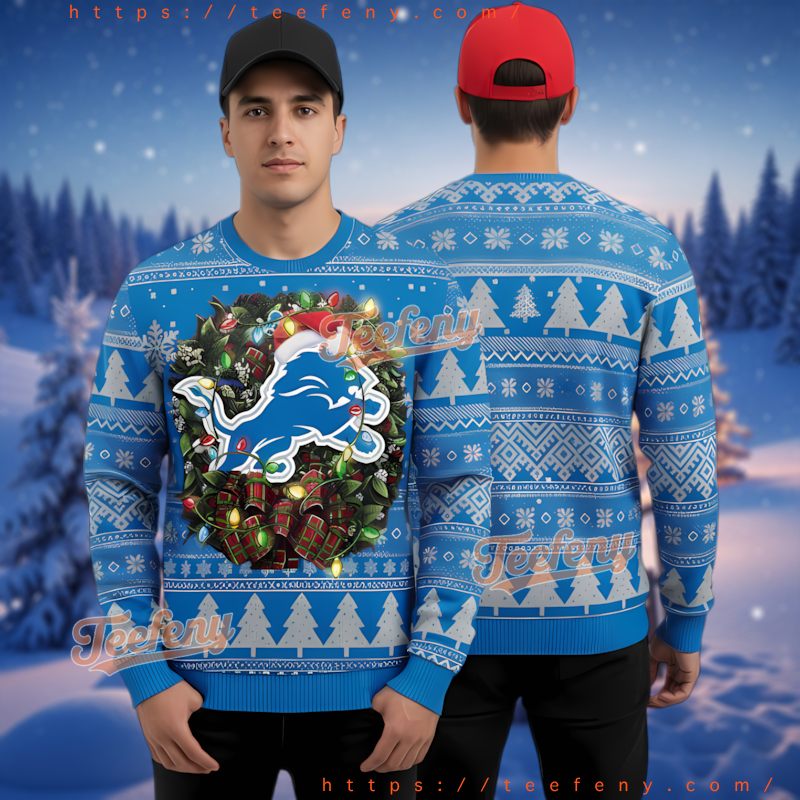 Detroit Lions Logo In Wreath Blue 3D Print Ugly Christmas Detroit Lions Logo In Wreath Blue 3D Print Ugly Christmas
