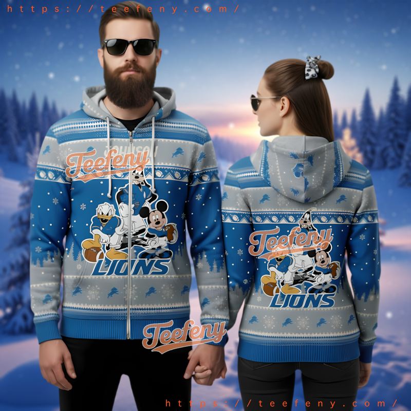 Detroit Lions Mickey Donald Ugly Christmas 3D Hoodie Custom Name
