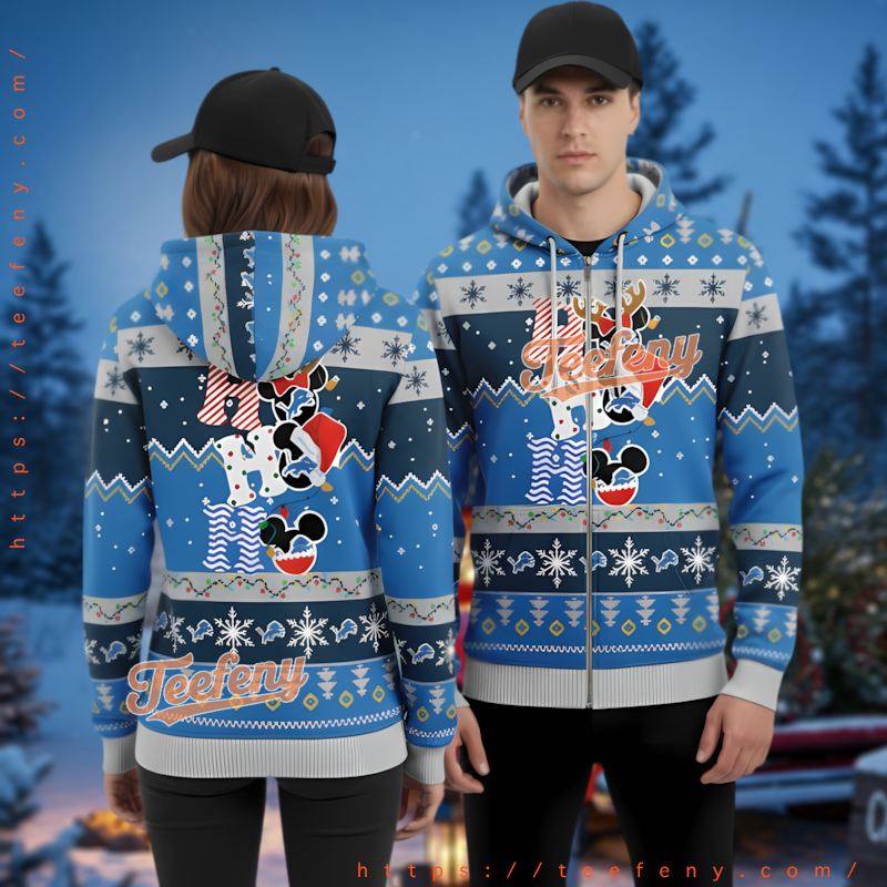 Detroit Lions Mickey Mouse Reindeer Ugly Christmas 3D Hoodie