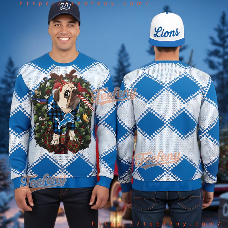 Detroit Lions Pug Dog Argyle Ugly Christmas Sweater Official Fan Gear Detroit Lions Pug Dog Argyle Ugly Christmas Sweater Official Fan Gear