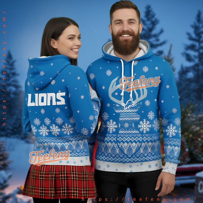 Detroit Lions Reindeer Antlers Ugly Christmas 3D Pullover Hoodie Detroit Lions Reindeer Antlers Ugly Christmas 3D Pullover Hoodie