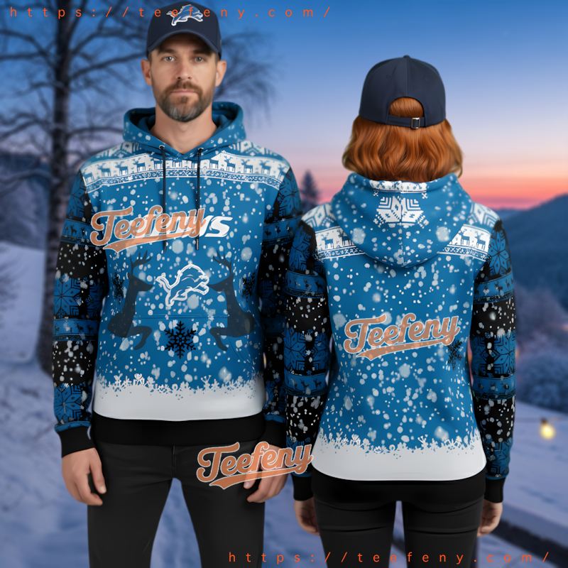Detroit Lions Reindeer Snow Ugly Christmas 3D Pullover Hoodie Detroit Lions Reindeer Snow Ugly Christmas 3D Pullover Hoodie