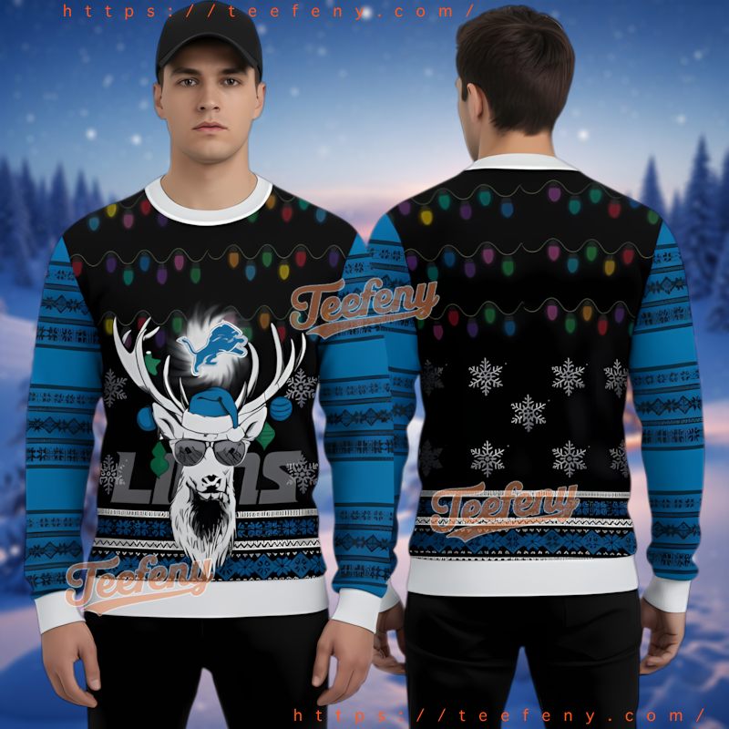 Detroit Lions Reindeer With Sunglasses Ugly Christmas Sweater Detroit Lions Reindeer With Sunglasses Ugly Christmas Sweater
