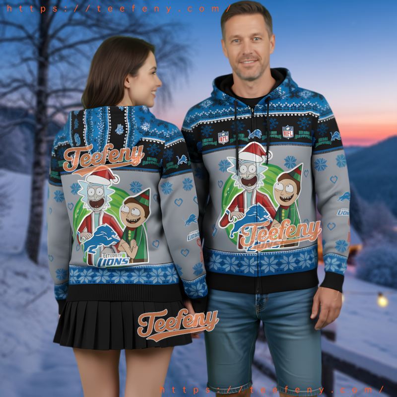 Detroit Lions Rick And Morty Ugly Christmas 3D Zip Hoodie Detroit Lions Rick And Morty Ugly Christmas 3D Zip Hoodie
