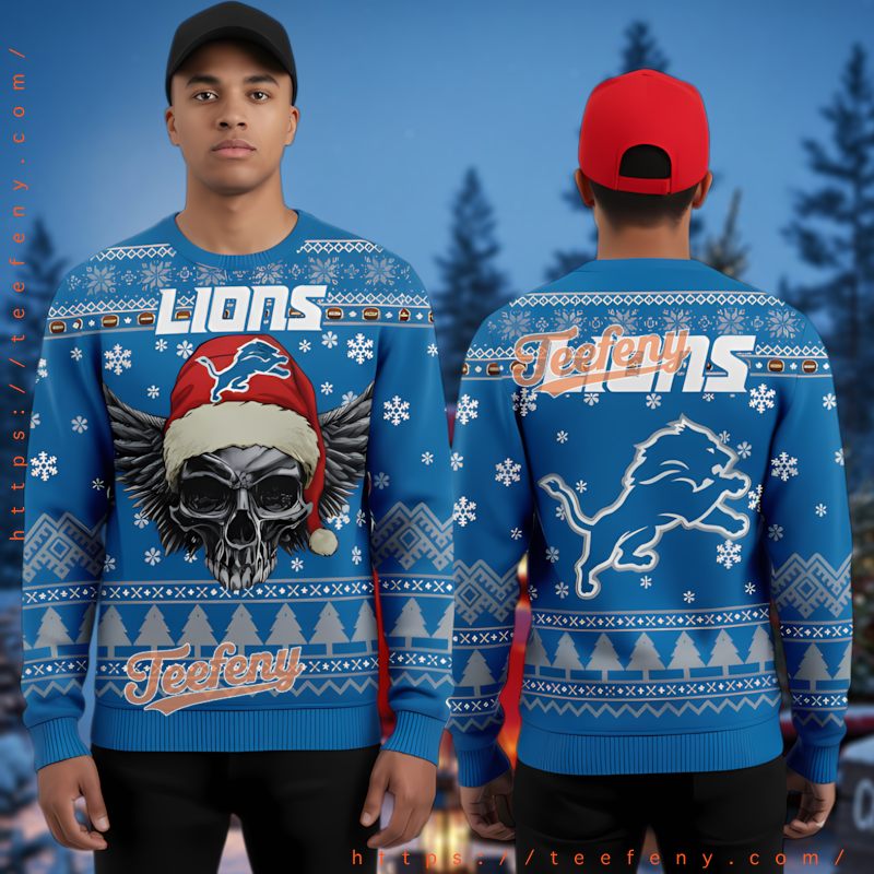 Detroit Lions Santa Skull Wing Ugly Christmas Sweater Official Fan Gear Detroit Lions Santa Skull Wing Ugly Christmas Sweater Official Fan Gear