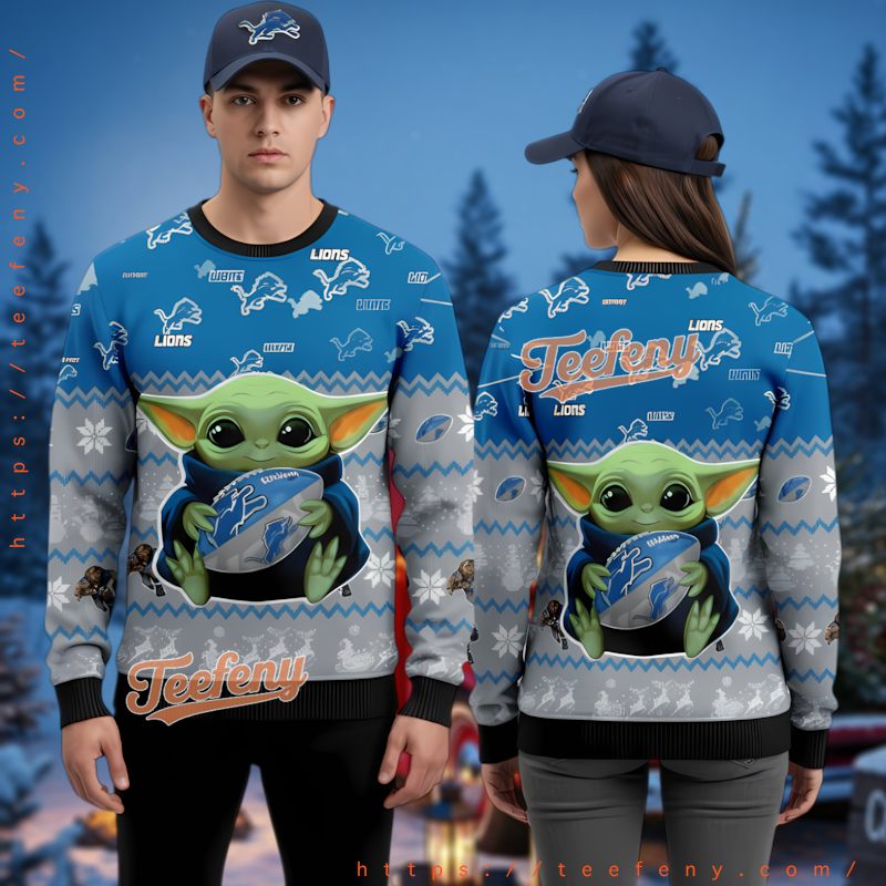 Detroit Lions Star Wars Grogu Ugly Christmas Sweater Blue 3D Print Detroit Lions Star Wars Grogu Ugly Christmas Sweater Blue 3D Print