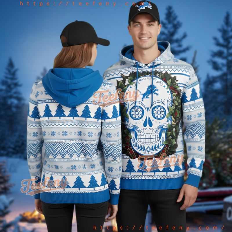 Detroit Lions Sugar Skull Flower Ugly Christmas 3D Hoodie Detroit Lions Sugar Skull Flower Ugly Christmas 3D Hoodie