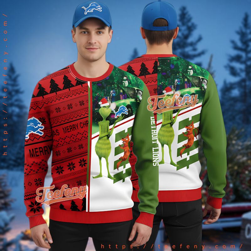 Detroit Lions The Grinch Max Dog Ugly Christmas Sweater Red Green Detroit Lions The Grinch Max Dog Ugly Christmas Sweater Red Green