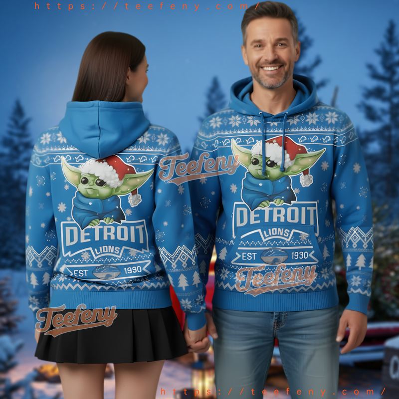Detroit Lions The Mandalorian Baby Yoda Ugly Christmas 3D Hoodie Detroit Lions The Mandalorian Baby Yoda Ugly Christmas 3D Hoodie
