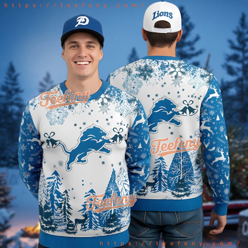 Detroit Lions Ugly Christmas Sweater 3D Bell Snowflakes Winter Forest Detroit Lions Ugly Christmas Sweater 3D Bell Snowflakes Winter Forest